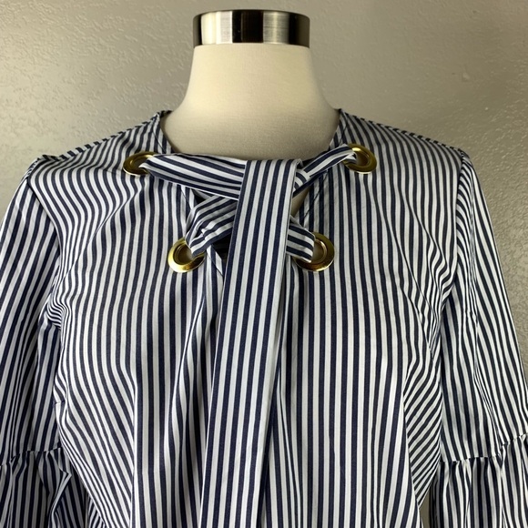 Michael Kor Blue & White Stripe Bell Sleeve Top Medium NWT Nautical - Picture 4 of 8